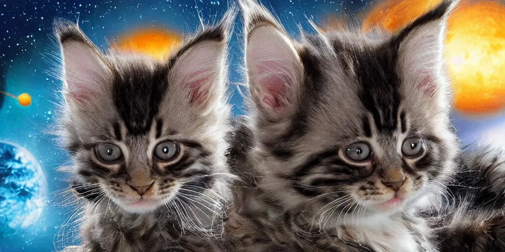 Prompt: a 3 d rendered movie still maine coon kitten descendant 1 million in the future. kitten wears a spacesuit, and explores cosmos in a space ship with a cat tree. science fiction blockbuster movie kittens rule the world or what's on tv? kittens!, dramatic lighting, imax 7 0 mm. digital art, buzz lightyear ( film )