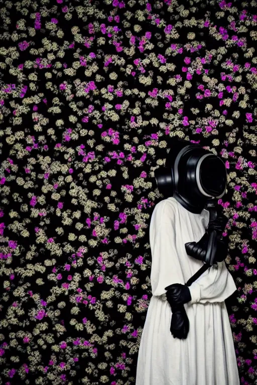 Image similar to a surreal portrait of a woman wearing gas mask blending into a wall of black flowers in the style of brooke didonato, editorial fashion photography from vogue magazine, full shot, nikon d 8 1 0, ƒ / 2. 5, focal length : 8 5. 0 mm, exposure time : 1 / 8 0 0, iso : 2 0 0