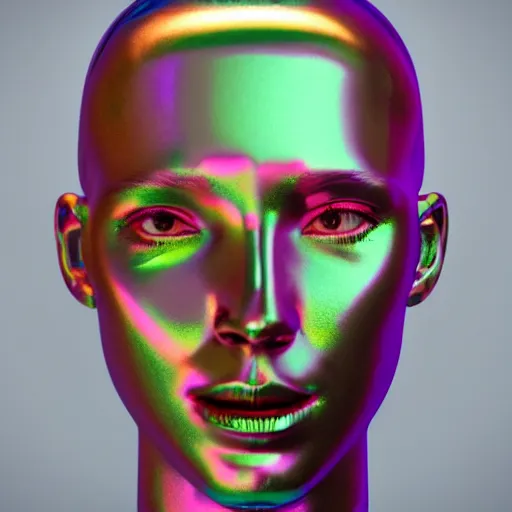 Image similar to 3d render of holographic human robotic head made of glossy iridescent, surrealistic 3d illustration of a human face non-binary, non binary model, 3d model human, cryengine, made of holographic texture, holographic material, holographic rainbow, concept of cyborg and artificial intelligence