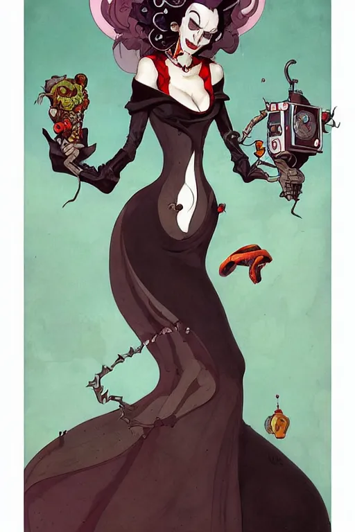 Prompt: portrait of crazy mad lady scientist, cruella devil, stylized illustration by peter mohrbacher, moebius, mucha, mike mignola, colorful comics style, clean line