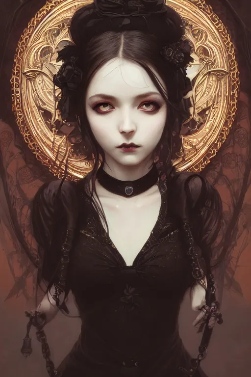 Image similar to portrait of radical lolita girl, dreamy and ethereal, dark eyes, peaceful expression, ornate goth dress, dark fantasy, chaotic, elegant, black crows flying, highly detailed, digital painting, artstation, concept art, smooth, sharp focus, illustration, art by artgerm and greg rutkowski and alphonse mucha