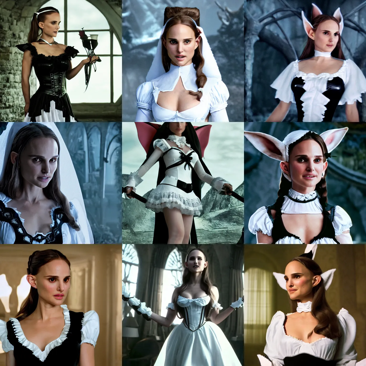 Prompt: high-resolution photo of elf Natalie Portman (youthful, symmetrical features, long pointed ears) wearing a black french maid outfit with white frills, in Elden Ring the movie scene, 8k