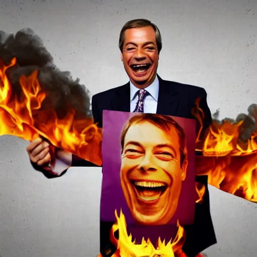 Image similar to nigel farage laughing holding burning eu flag, photograph, hd