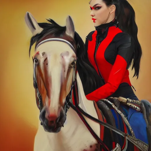 Image similar to oil painting of widowmaker from overwatch in the desert riding on a horse, black and red jacket, collar around neck, very detailed face, feminine face, full body