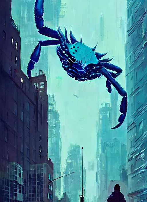 Prompt: crab kaiju in new york, sci - fi art, blue building in the background, art by ismail inceoglu
