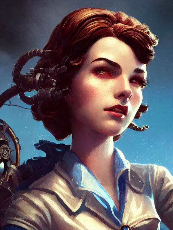 Image similar to portrait of a young woman from bioshock infinite, art by ryo shiotani and greg rutkowski, intricate, beautiful, cute, cinematic lighting, vintage art by serge ivanoff, high resolution, very detailed