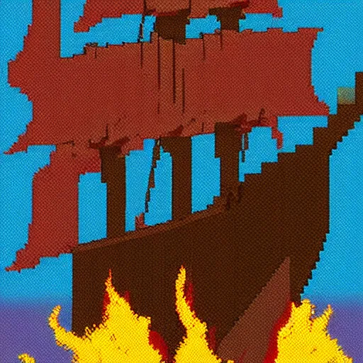 Prompt: burning pirate ship pixel art