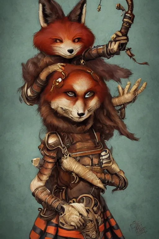 Image similar to cute little anthropomorphic foxy witch wearing a cape and a dreadlocks, tiny, small, miniature fox, baby animal, short, pale woodcut armor, cute and adorable, pretty, beautiful, steampunk character art portrait, matte fantasy painting, DeviantArt Artstation, by Jason Felix by Steve Argyle by Tyler Jacobson by Peter Mohrbacher, cinematic lighting