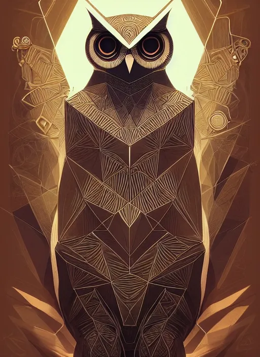 Image similar to portrait of a geometric owl, identical eyes, medium shot, illustration, full body made of white feathers, symmetrical, art stand, super detailed, cinematic lighting, and its detailed and intricate, gorgeous, by peter mohrbacher