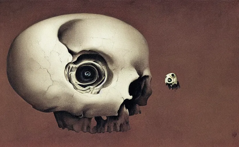 Image similar to a surrealistic painting of a human skull with real eyeballs, in the style of rene magritte and zdzislaw beksinski and mark ryden, digital art, detailed masterpiece