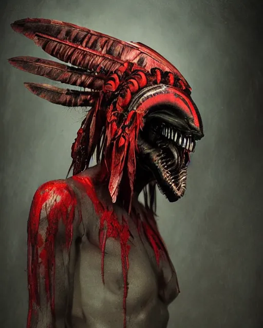 Image similar to xenomorph - human ghost - spirit of the grim - warpaint wears the scarlet skull armor and native blood headdress feathers, midnight fog - mist!, dark oil painting colors, realism, cinematic lighting, various refining methods, micro macro autofocus, ultra definition, award winning photo, photograph by ghostwave - gammell - giger - shadowlord