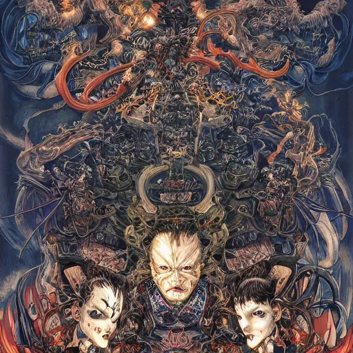 Image similar to portrait of crazy hell, symmetrical, by yoichi hatakenaka, masamune shirow, josan gonzales and dan mumford, ayami kojima, takato yamamoto, barclay shaw, karol bak, yukito kishiro