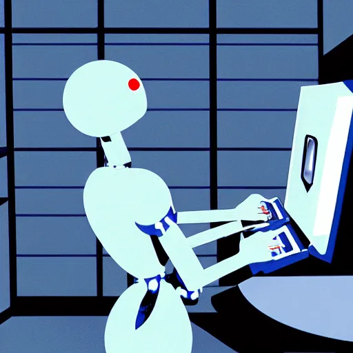 Prompt: Robot typing on a computer in an undisclosed research facility, photorealistic
