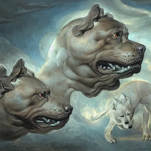 Image similar to hyperdetailed matte art of a three headed dog cerberus by william blake, greg rutkowski, amano, rene magritte, craig mullins, three headed dog cerberus, details