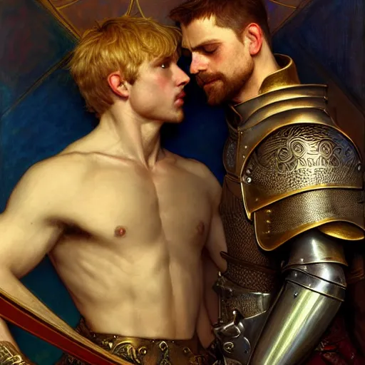 Image similar to attractive arthur pendragon and his attractive male knight, they are in love, natural lighting, path traced, highly detailed, high quality, digital painting, by gaston bussiere, craig mullins, alphonse mucha j. c. leyendecker