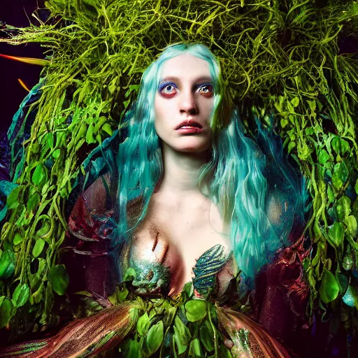 Prompt: a underwater mythological scene of a mermaid being wrapped in plants by jan van eyck, ernst fuchs, nicholas kalmakoff, joep hommerson, fish eye lense, fashion editorial, make - up artist, prosthetic makeup