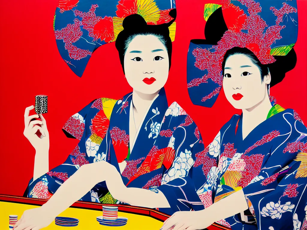 Image similar to hyperrealism composition of the detailed woman in a japanese kimono sitting at a poker table with predaror, fireworks on the background, pop - art style, jacky tsai style, andy warhol style, acrylic on canvas