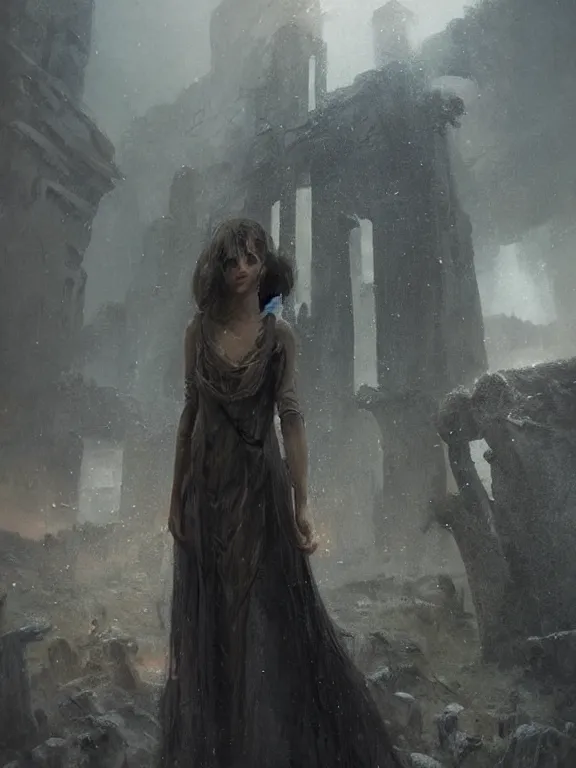 Image similar to A fancy portrait of a young Supreme witch in crowes wastland ruins,by Albert Lynch,Cynthia Sheppard,Mead Schaeffer,James Paick,Greg Rutkowski,Stephan Martiniere,trending on pinterest,Blade Runner 2049,luxury,mythological,ultra realistic,high detail,golden ratio,cinematic lighting,maximalist