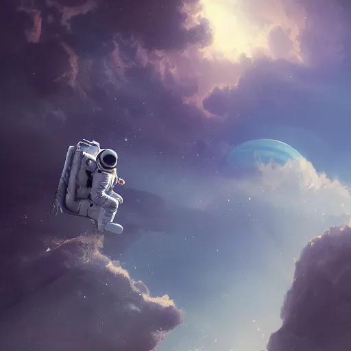 Image similar to astronaut falling through the clouds in jupiter, by cedric peyravernay, highly detailed, excellent composition, cinematic concept art, dramatic lighting, trending on artstation