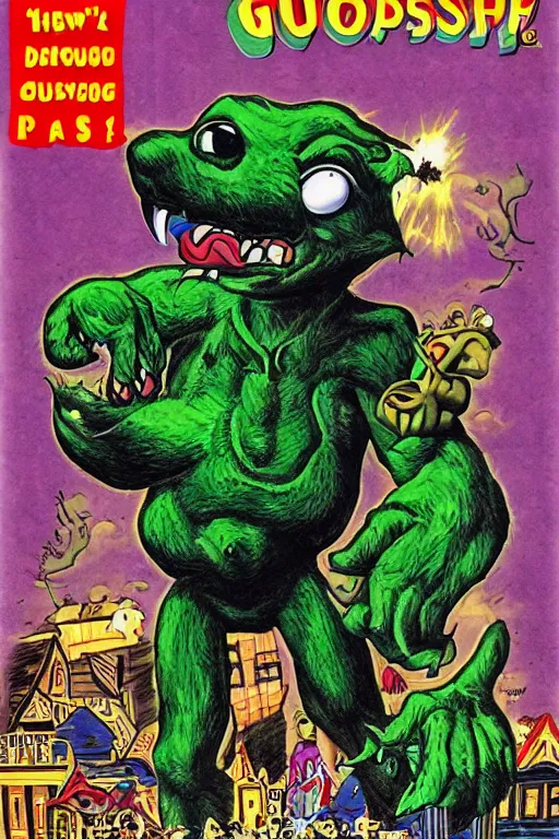 Prompt: Original Goosebumps book cover art of a giant cartoonish monster attacking a theme park