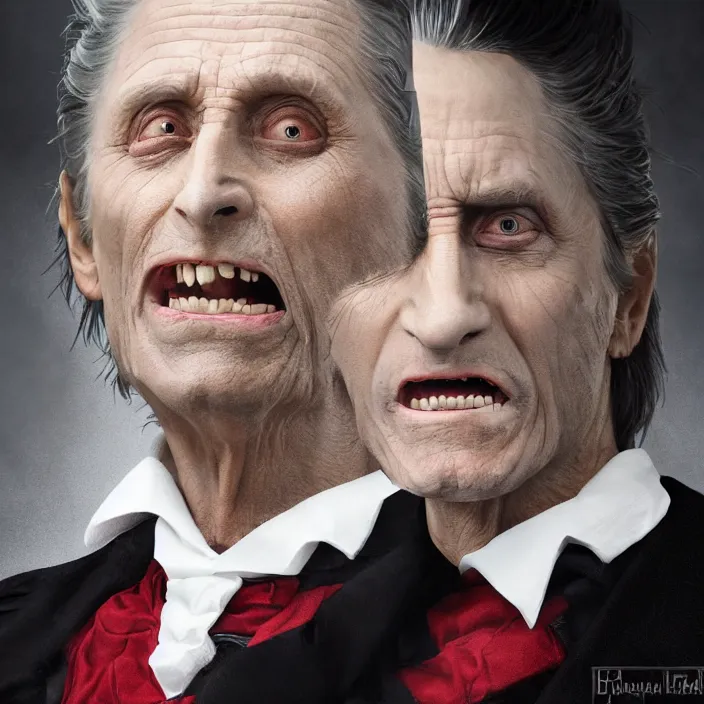 Image similar to professional photographic portrait of michael douglas as dracula gothic england, fine art piece, incredible detail, vray rendering, high octane,