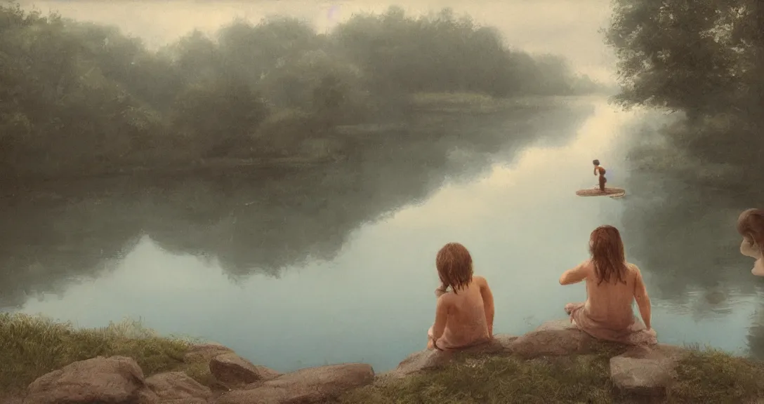 Prompt: peasant girl swimming in the lake, the other girl is watching from the shore and sitting on a stone, high angle view, foggy, high-key lightning, realistic, aesthetic, sad atmosphere, neutral colors, detailed illustration, oil on canvas Polaroid photo, Bleach bypass, in style of simplified realism, 4k, octane render, by Karl Brullov, by Andrei Tarkovsky, by Steve Hanks