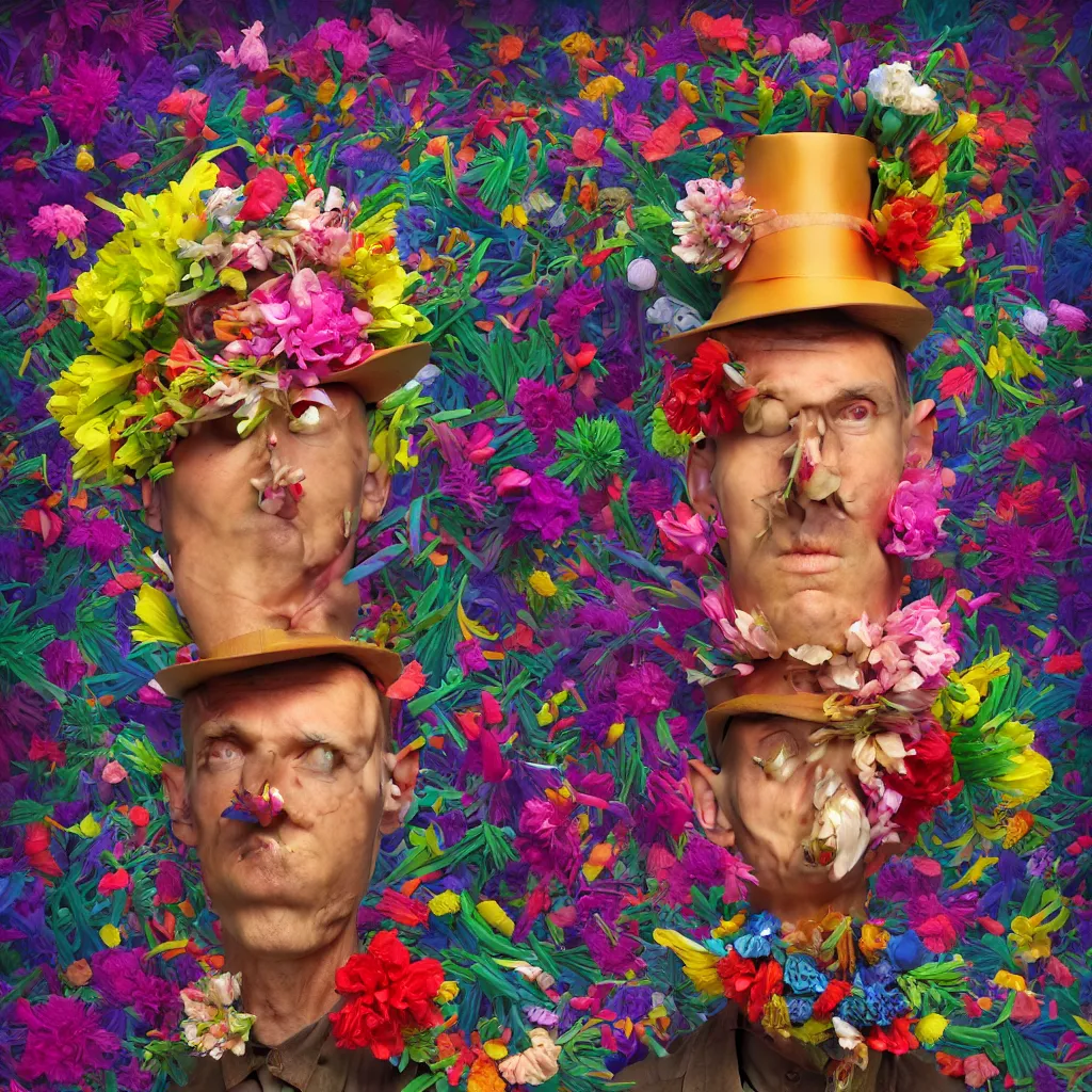 Image similar to a raytraced image album cover of a man with a strange hat on his head, behance contest winner, award winning, masterpiece, pop surrealism, made of flowers, surrealist