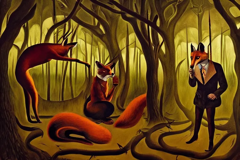 Image similar to ( ( a beautiful masterpiece painting ) a english fox hunter and a monster in a hunting lodge ( by ( remedios varo ) and ( anato finnstark ) and ( greg rutkowski ) and ( andy warhol ) and i ( francis picabia ) ) ( camouflage ) ( hyperrealism ) ( trending on artstation )