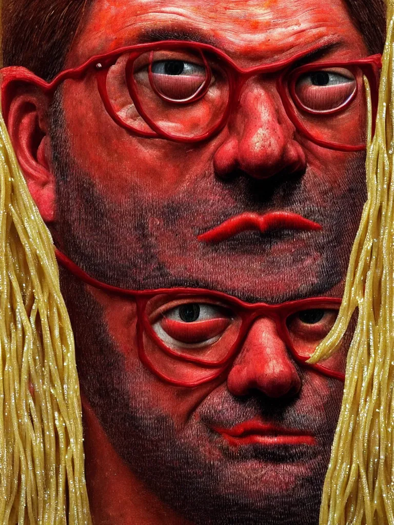 Image similar to jurgen klopp made of spaghetti and tomato sauce, by giuseppe arcimboldo and ambrosius benson, renaissance, intricate and intense oil paint, a touch of beksinski and hr giger and edward munch, realistic