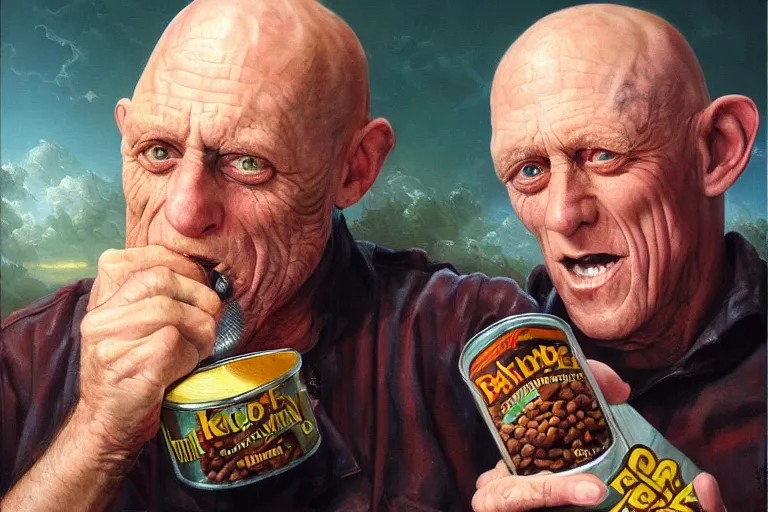 Image similar to portrait of michael berryman sharing eating a can of beans, an oil painting by ross tran and thomas kincade