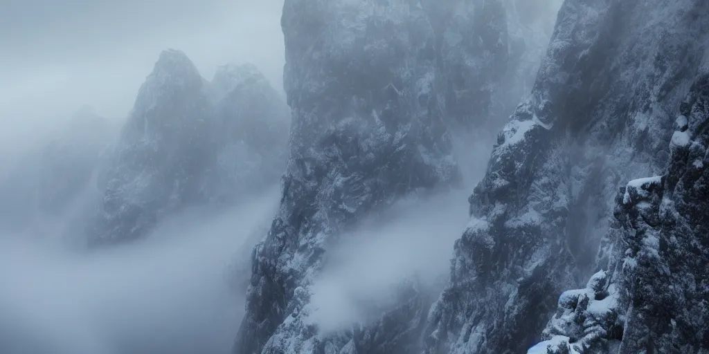 Prompt: standing on a cliff looking down at backlit low lying clouds in a snowy valley with craggy giant rocks hidden in mist, artstation, matte painting dramatic light cinematic