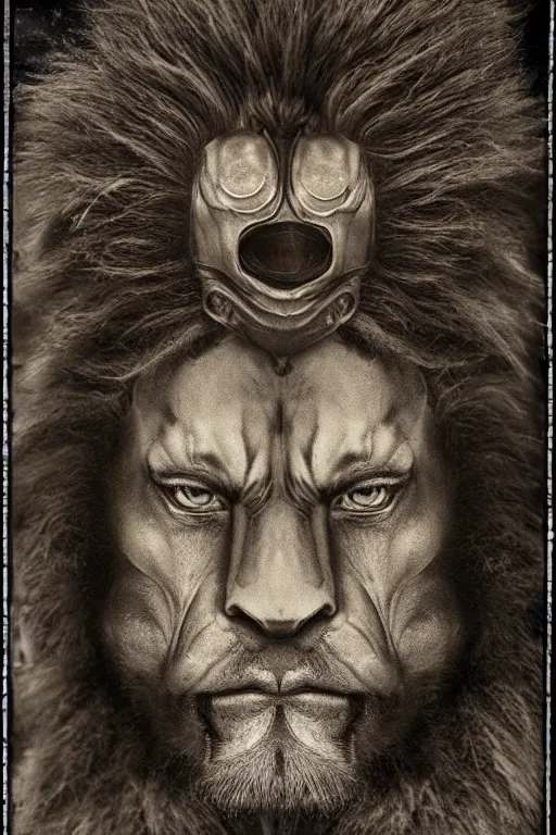 Image similar to lion - o from thundercats, portrait, full body, symmetrical features, silver iodide, 1 8 8 0 photograph, sepia tone, aged paper, sergio leone, master prime lenses, cinematic