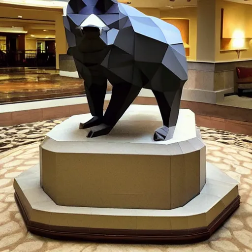 Image similar to a statue of a low-poly badger displayed in a hotel lobby