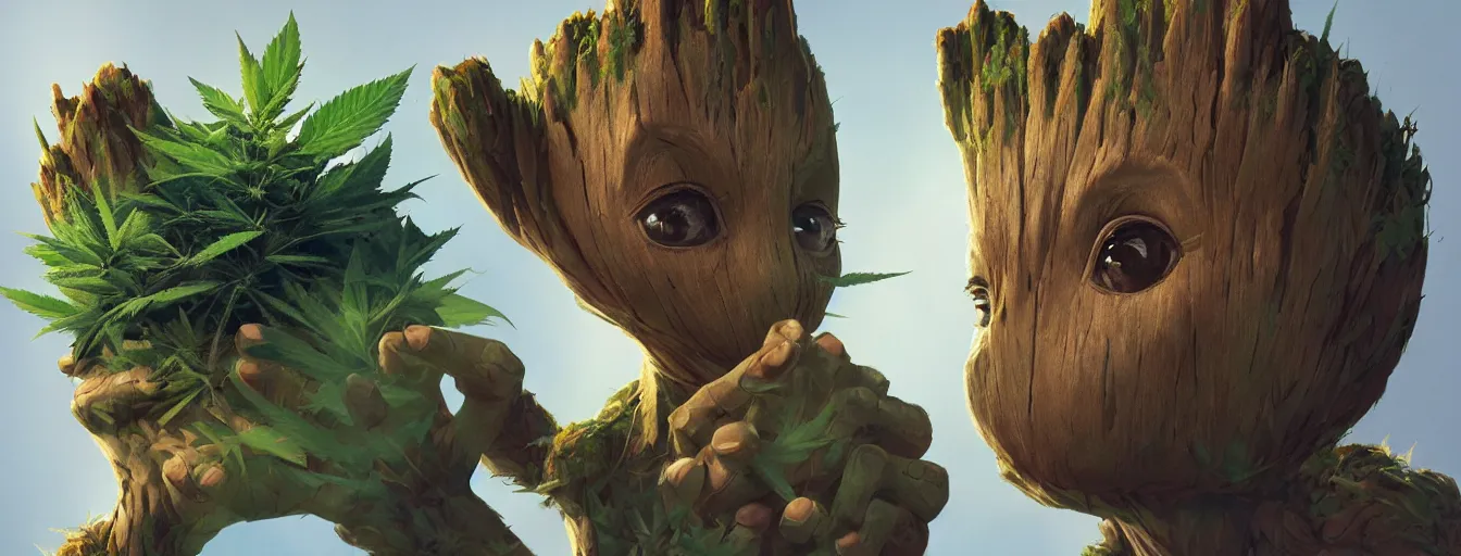 Image similar to duotone concept illustration 3 / 4 portrait of baby groot wearing cannabis hat, hemp, marijuana!, cinematic volumentric lighting, jim cheung, david marquez, mike deodato jr, ilya kuvshinov, makoto shinka, behance hd by jesper ejsing, by rhads, hyper detailed, octane render, concept art, artstation