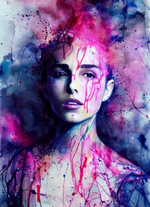 Image similar to nathalie portman by agnes cecile, pastel light colours, ink drips, autumn lights