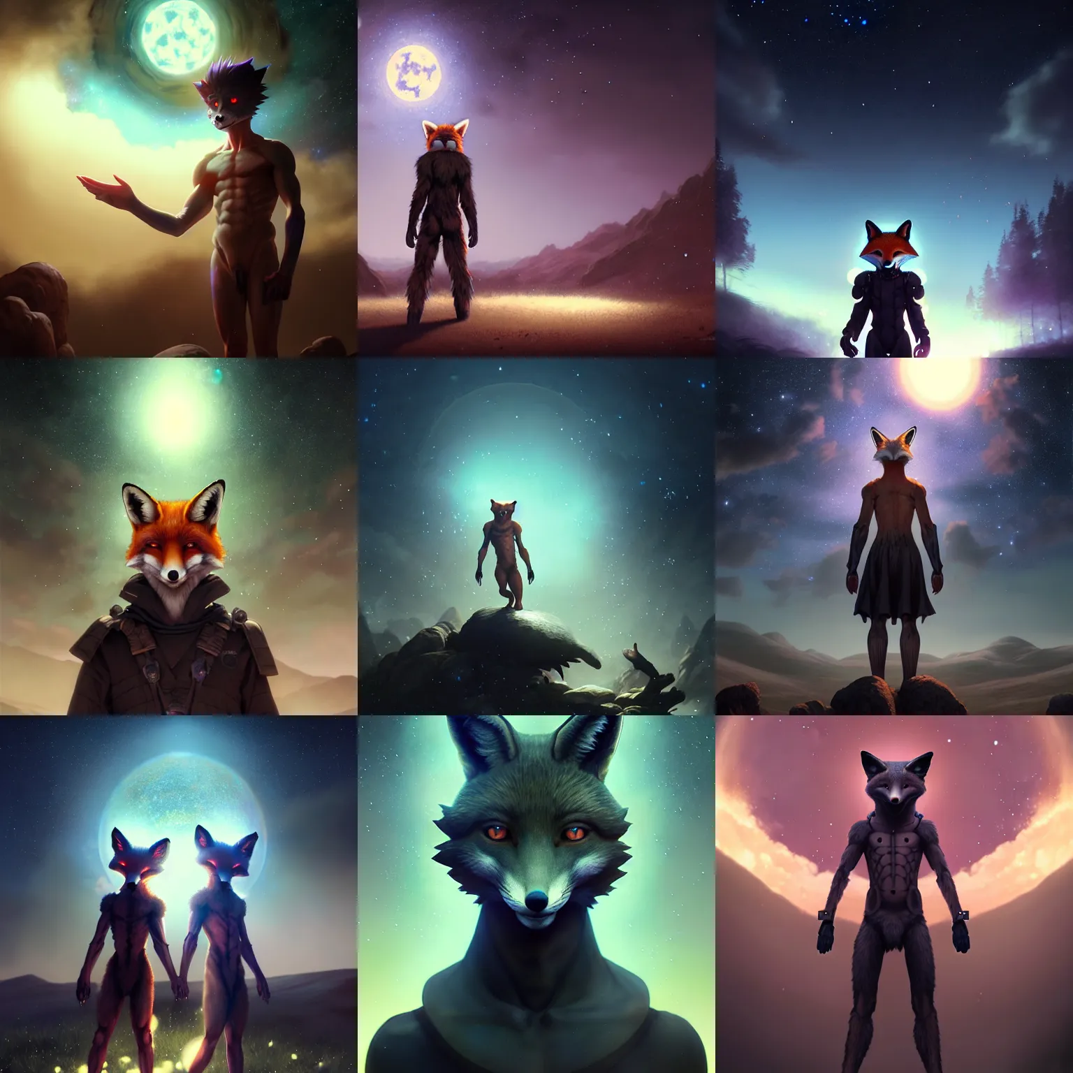 Prompt: humanoid fox man, starry backdrop, ominous, smiling, phantasmagoric, by tom bagshaw and ilya kuvshinov, rtx rendering, octane render 1 2 8 k, maya, extreme high intricate details by wlop, digital anime art by ross tran, medium shot, composition by sana takeda, dramatic lighting by greg rutkowski