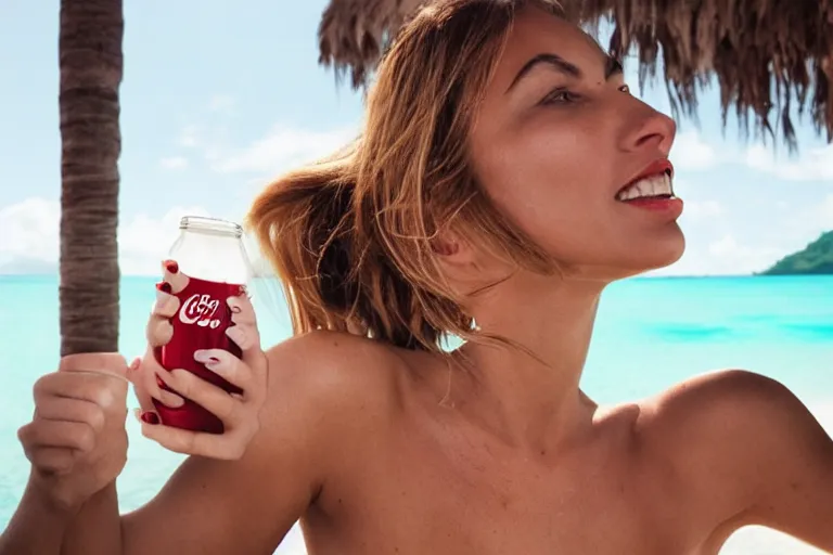Image similar to beautiful fit model woman drinking a Coca-Cola in bora bora, natural light, by Alessio albi