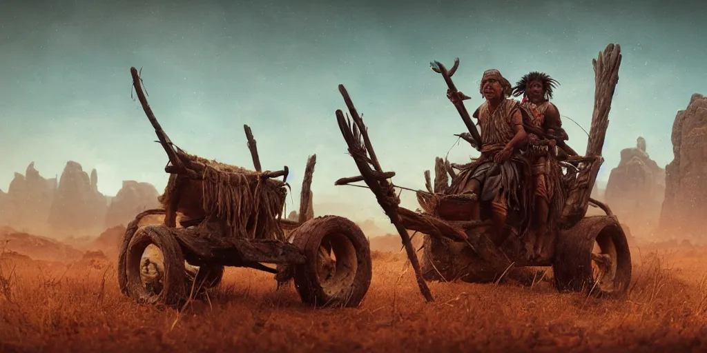 Image similar to photo of an ancient tribesman on ancient atv with wooden wheels, hunting buffalo ,attacking, chase, action scene, an epic fantasy, dramatic lighting, cinematic, establishing shot, extremely high detail, photorealistic, cinematic lighting, artstation, octane render, by simon stalenhag, horizon forbidden west,old photo, high speed photography, vintage