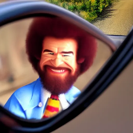 Prompt: a tiny screaming bob ross chasing you in rear view mirror