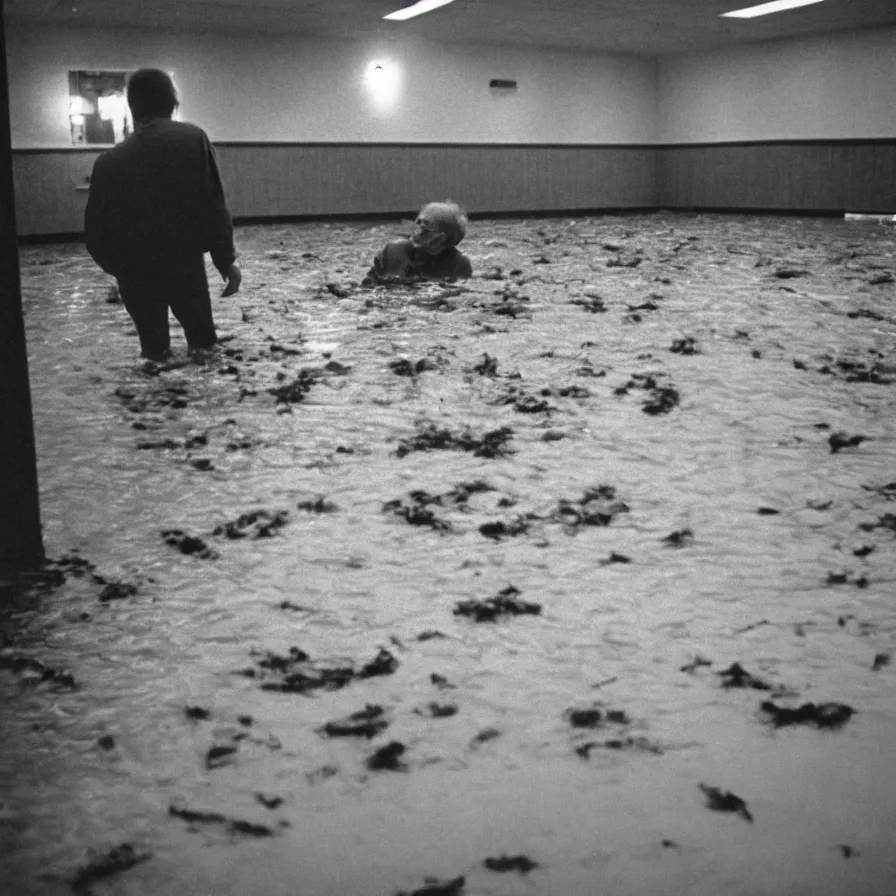 Image similar to 7 0 s movie still of an old man drowning in an empty soviet ballroom flooded with worms, cinestill 8 0 0 t 3 5 mm, heavy grain, high quality, high detail