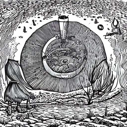 Image similar to a portal to another world, opened in the middle of the field mcbess style, color,