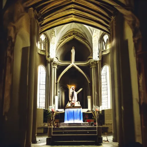 Prompt: a cinematic painting of jesus stood on the alter in an abandoned cathedral interior, he is lit by a strong beam of light shining in through a crack on the ceiling, 8 k, movie still, wide angle photograph