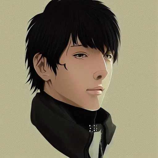 Image similar to Anime portrait of a man by Ilya Kuvshinov, he is about 30 years old, short black hair with bangs, his features are a mix between French, Turkish and Russian and he is wearing a beige and black utility jumpsuit, highly detailed portrait, digital painting, artstation, concept art, smooth, sharp foccus ilustration, Artstation HQ