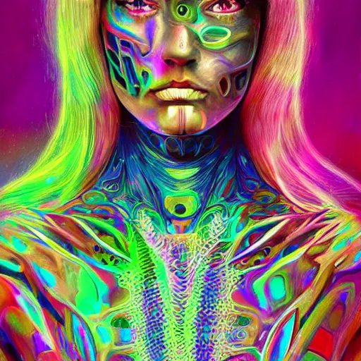 Image similar to extremely psychedelic cyborg queen of lsd. intricate, elegant, highly detailed, lifelike photorealistic digital painting, artstation.