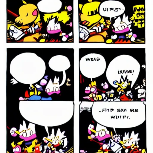 Prompt: a 4-panel comic about Kirby fighting pokemon in the style of calvin and hobbes