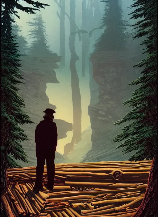 Prompt: Twin Peaks poster artwork by Michael Whelan and Tomer Hanuka, Rendering man dressed as a pirate near a log pile factory, full of details, by Makoto Shinkai and thomas kinkade, Matte painting, trending on artstation and unreal engine