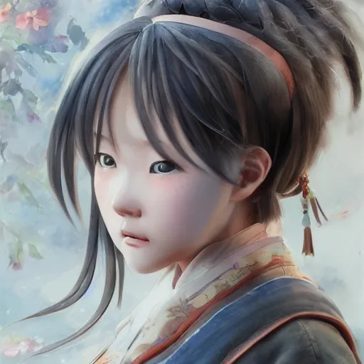 Image similar to dynamic composition, motion, ultra-detailed, incredibly detailed, a lot of details, amazing fine details and brush strokes, colorful and grayish palette, smooth, HD semirealistic anime CG concept art digital painting, watercolor oil painting of a Japanese schoolgirl, by a Chinese artist at ArtStation, by Huang Guangjian, Fenghua Zhong, Ruan Jia, Xin Jin and Wei Chang. Realistic artwork of a Chinese videogame, gradients, gentle an harmonic grayish colors.