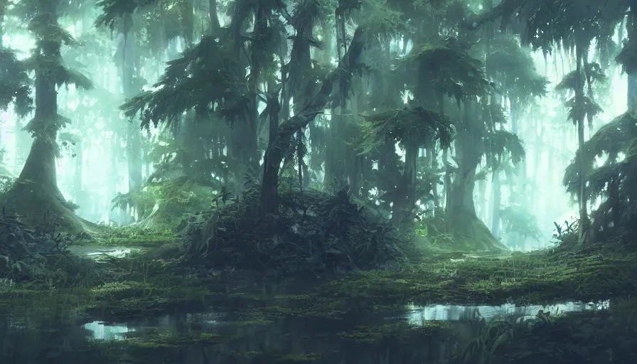 Image similar to a swampy environment, trending on pixiv fanbox, painted by greg rutkowski makoto shinkai takashi takeuchi studio ghibli