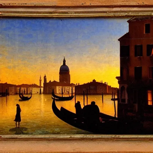 Image similar to A beautiful backlight sunset scene of historic Venice with gondola and reflective water in the style of Johannes Vermeer