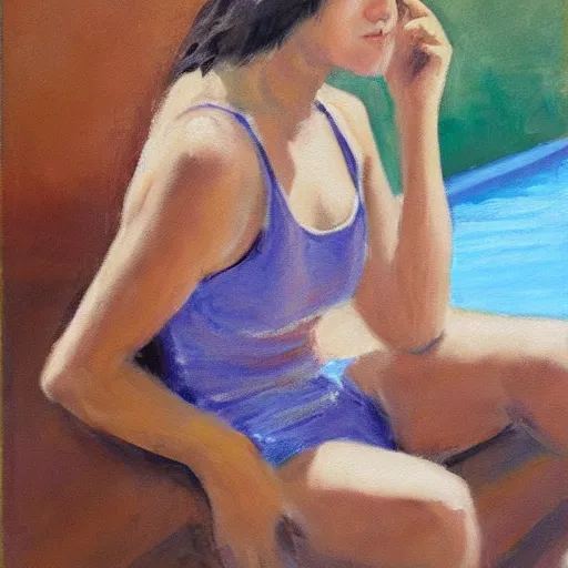Image similar to oil painting of a young woman in a tanktop sitting by the pool